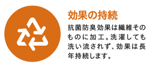 ポリジン製品の特徴２抗菌・防臭効果は繊維に加工！洗濯しても効果は長年持続