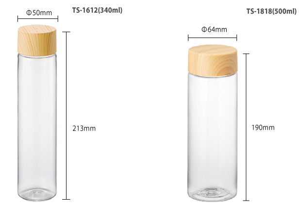 木目調キャップスリムクリアボトルTS-1612 (340ml）TS-1818 (500ml）サイズ画像