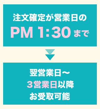 オレンジパーム東京事務所の商品お受取は、ご注文確定が1 時30 分までで翌営業日から3 営業日以降に受け取り可能です。