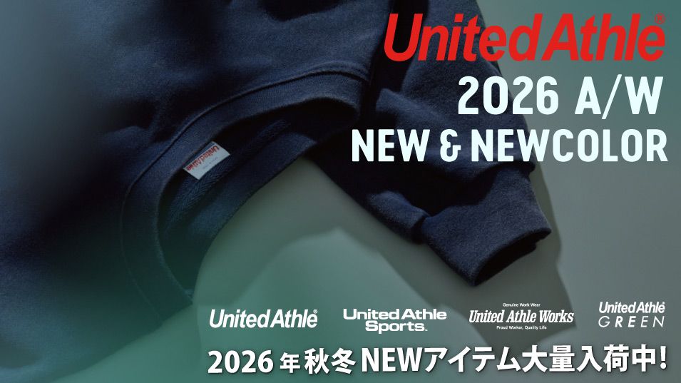 ユナイテッドアスレ 2026秋冬新作。ウォッシュロングスリーブTシャツや光沢感のあるナイロン素材を使用したスタジャンなど、オレンジパームなら業界最安級の卸価格で購入可能