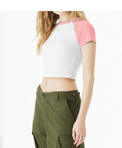 BELLA+CANVAS(ベラ キャンバス) レディース マイクロリブ ラグラン BabyTシャツ／White/Pink／モデル着用