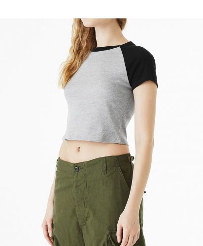 BELLA+CANVAS(ベラ キャンバス)レディース マイクロリブ ラグラン BabyTシャツ／Ath Hthr/Black／SIDE