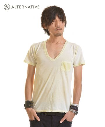 Vネックポケット付きTシャツ（ムラ染め）ZEレモンゼスト Sサイズ メンズ 176cm