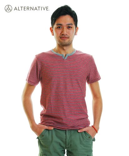 Amerosa' ストライプ スプリット Vネック クルーTシャツRS /Red sand Salton M 176cm