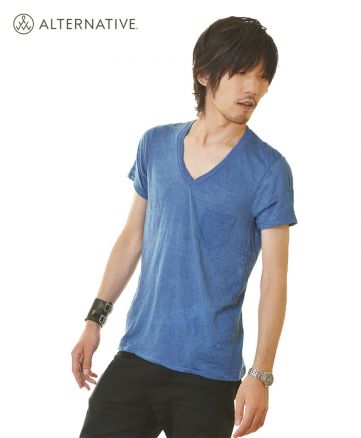 Burnout Deep Vネック ポケット付きTシャツ DEデニム メンズ