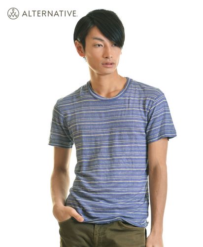 MontereyリネンクルーTシャツBBブルーボーダー Sサイズ メンズ 176cm