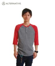 Eco-Heather ユニセックス 3/4 Henley/グレー×トゥルーレッド（RE）