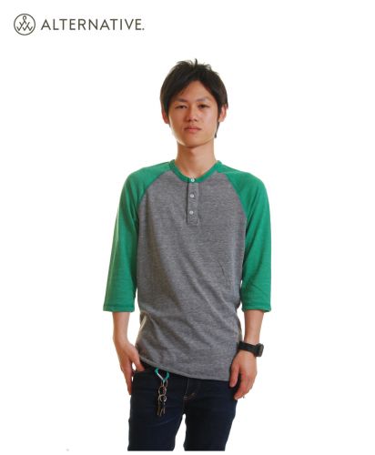 Eco-Heather ユニセックス 3/4 Henley/グレー×トゥルーグリーン（RG）