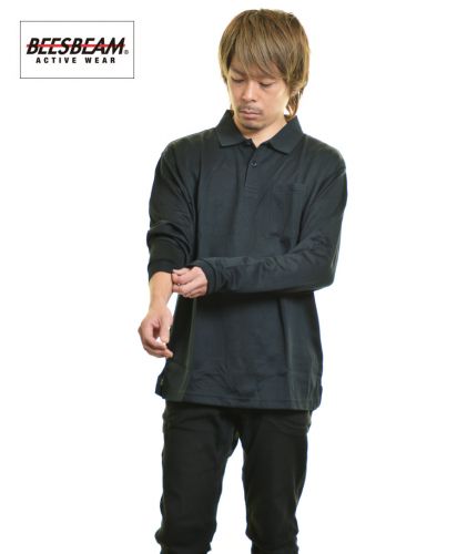 ポケット付き 長袖 アクティブ ポロシャツ/	02 ブラック Lサイズ着 メンズモデル170cm