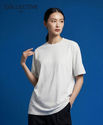 COLLECTIVE J+(コレクティブ・ジェイ・プラス)ハイエンド スムースTシャツ/001 ホワイト：身長166cm/Lサイズ着用