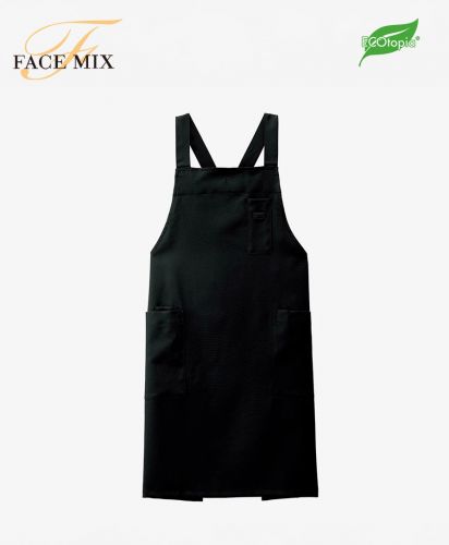 フェイスミックス(FACE MIX)胸当てエプロン（原着糸・油移染防止）/胸元ペン差しポケットと両脇アウトポケットを備えた業務用エプロンで、飲食店やカフェ、接客業に適したシンプルなデザイン。