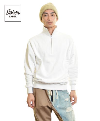 JOKER LABEL(ジョーカーラベル)裏毛ハーフジップトレーナー/モデル着用身長176cm Lサイズ WH ホワイト