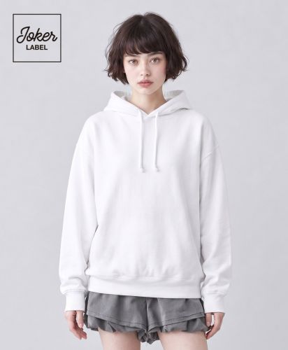 ジョーカーラベル(JOKER LABEL)裏毛プルオーバーパーカー（ポケットなし）/Mサイズ着用　160cmモデル：WH ホワイト