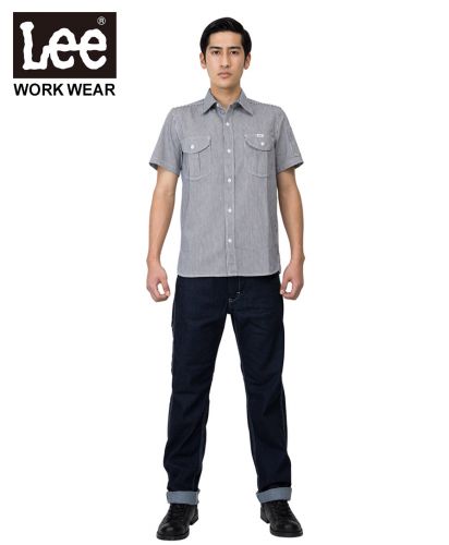 Lee(リー)Lee メンズワーク半袖シャツ /フロントに胸ポケットが2つ付いたデザイン。｜ホワイト×ブルーSize : Men’s L
