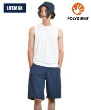 ライフマックス(LIFEMAX)ハーフパンツ（ポリジン加工)/ 8ネイビー Lサイズ着/メンズモデル176cm/同素材Tシャツ(MS1165)とセットアップ