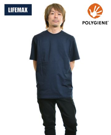 6.2オンスヘビーウエイトTシャツ(ポリジン加工)/8 ネイビー Lサイズ着 メンズモデル170cm