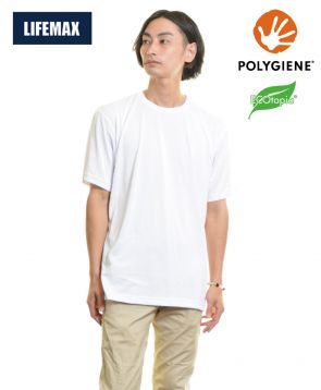 ライフマックス(LIFEMAX)5.6オンスリサイクルポリエステルTシャツ(ポリジン加工)/ 15ホワイト XLサイズ着 メンズモデル176cm
