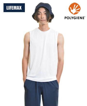 ノースリーブTシャツ（ポリジン加工）/ 15ホワイト Lサイズ着 メンズモデル176cm