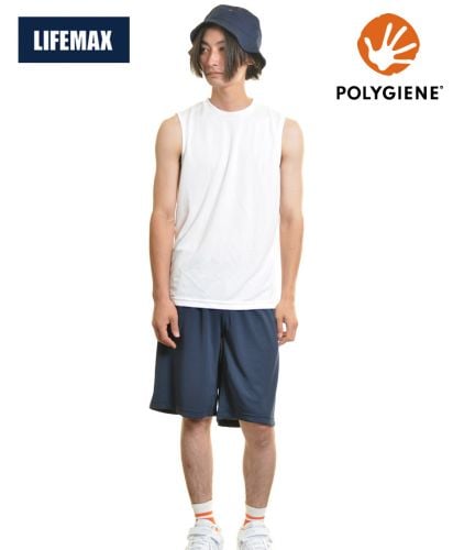 ノースリーブTシャツ（ポリジン加工）/ 15ホワイト Lサイズ着 メンズモデル176cm/ 同素材ハーフパンツ(MP6431)とセットアップ