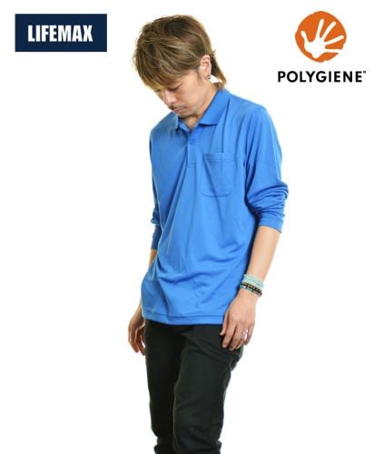 4.3オンスドライロングスリーブポロシャツ(ポリジン加工)/ 7 ロイヤルブルー Lサイズ着 メンズモデル170cm