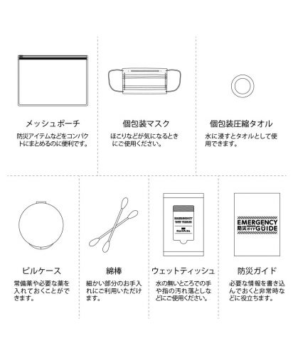 マークレススタイル(MARKLESS STYLE)防災緊急7点セット メッシュポーチタイプ/セットの内容一覧＆説明書