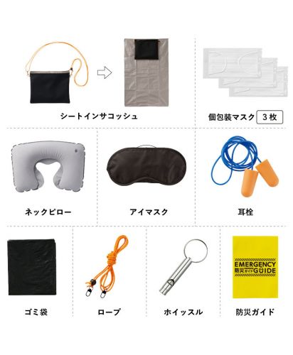 マークレススタイル(MARKLESS STYLE)防災緊急10点セット シートインサコッシュタイプ/シートインサコッシュを中心に、個包装マスク、ネックピロー、アイマスク、耳栓、ホイッスル、防災ガイドなど防災グッズ10点の構成内容を一覧で紹介。
