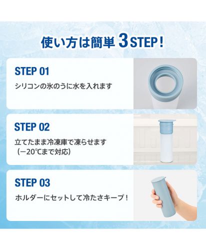 マークレススタイル(MARKLESS STYLE)ポータブルシリコン氷のう/使い方は簡単 3STEP!ホルダーにセットして冷たさキープ!