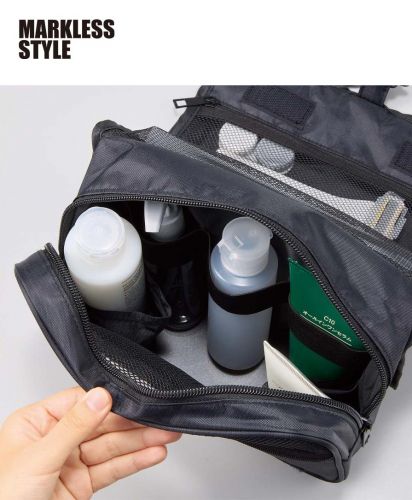 マークレススタイル(MARKLESS STYLE)3段式ハンギングポーチ/仕切りとゴムバンドでボトル類を安定収納でき、化粧水や洗面用品を倒れにくく整理できるトラベル用ポーチ