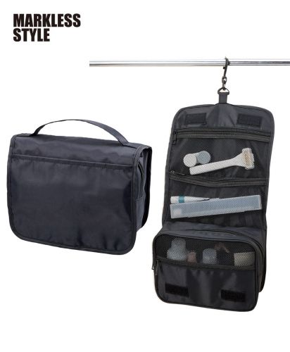 マークレススタイル(MARKLESS STYLE)3段式ハンギングポーチ/使用時はフックでバーに掛けて展開でき、メッシュポケットで洗面用具や小物を整理しやすい２WAY収納バッグ