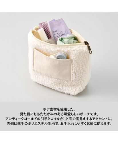 マークレススタイル(MARKLESS STYLE)ボア＆キャンバスポケットデイリーポーチ/アンティークゴールドの引手とコイルが、上品で高見えするアクセントに。内側は薄手のポリエステル生地で、お手入れしやすく気軽に使えます。