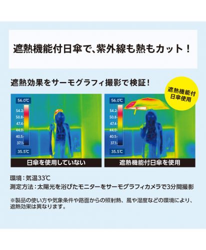 マークレススタイル(MARKLESS STYLE)のびるハンドル5段遮光折りたたみ傘/遮熱機能付き日傘のサーモグラフィ比較イメージ。紫外線と熱をカットし、真夏の暑さ対策に役立つ高機能晴雨兼用傘