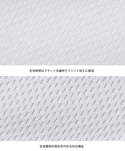 ポリエステルTシャツ/生地表側:フラットでプリント加工に最適/裏側:ドライな肌当たり