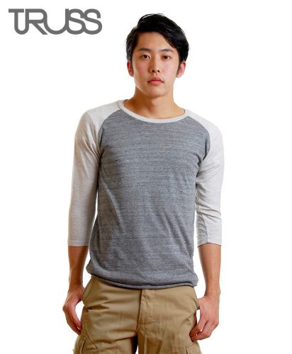 メンズ トライブレンドラグラン7分袖Tシャツ/ 39ヘザーグレー×オートミール Mサイズ メンズモデル180cm
