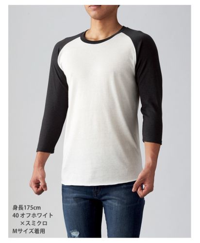 メンズ トライブレンドラグラン7分袖Tシャツ/ 40オフホワイト×スミクロ Mサイズ メンズモデル175cm