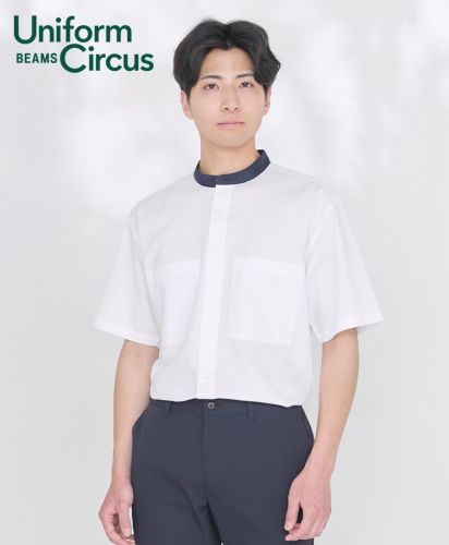 Uniform Circus BEAMS(ユニフォーム サーカス ビームス)ユニセックスバンドカラーシャツ/モデル着用:15 ホワイト