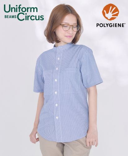Uniform Circus BEAMS（ユニフォーム サーカス ビームス）ユニセックスバンドカラーシャツ/モデル着用：18 ネイビーストライプ（ポリジン加工）