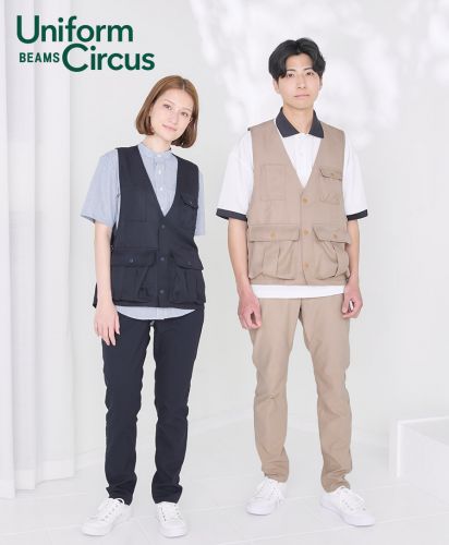 Uniform Circus BEAMS(ユニフォーム サーカス ビームス)エプロンベスト/左モデル着用：8 ネイビー、右モデル着用：1 ベージュ