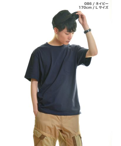 5.6オンスハイクオリティーTシャツ(ポケット付)/ 086ネイビー Lサイズ メンズモデル 170cm