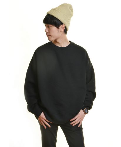 10オンスT/Cビッグシルエットクルーネックスウェット(裏起毛)002ブラック  Lサイズ メンズモデル 170cm