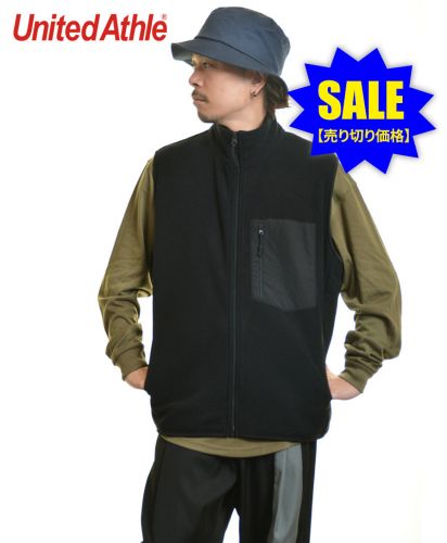 【SALE】ユナイテッドアスレ(United Athle) マイクロフリース フルジップ ベスト/002ブラック XLサイズ メンズモデル170cm